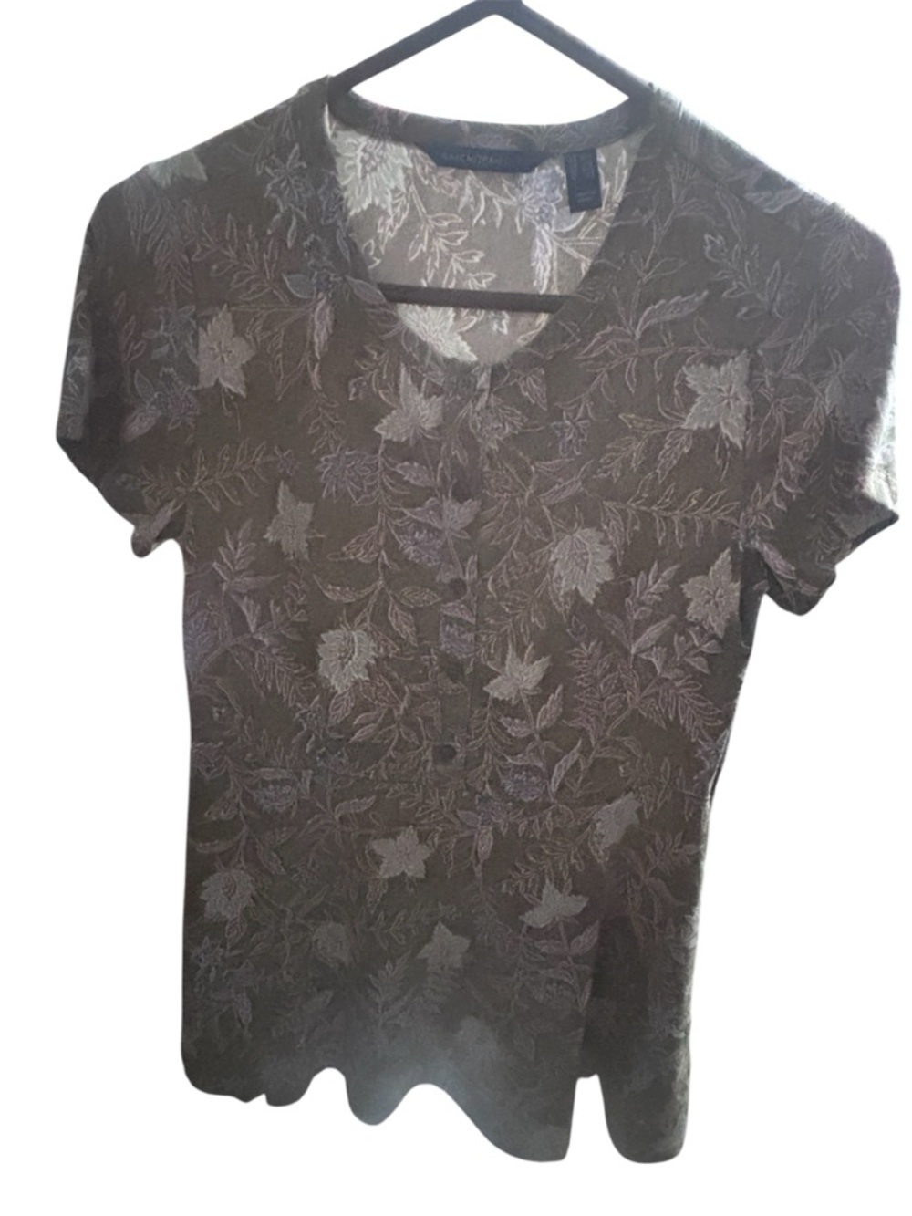 Isaac Mizrahi Brown Floral Button-Front Short Sleeve Top